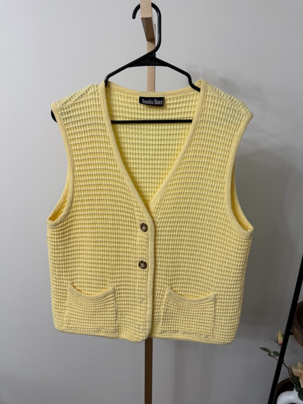 Pale Yellow Waffle Knit Sleeveless Cardigan